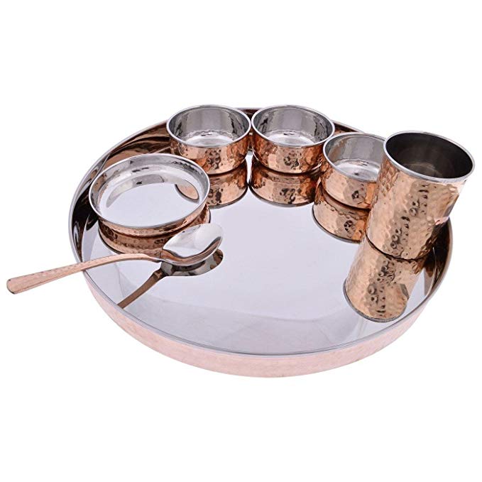 Christmas Gifts Copper Stainless Steel Dinnerware Thali Set Traditional Indian Cuisines Serving Utensils Set