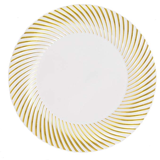 Kaya Collection - Disposable White with Gold Swirl Rim Plastic Round 10.25