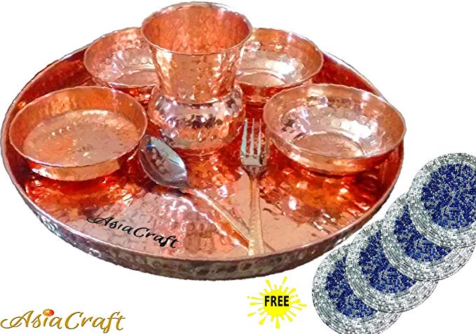 AsiaCraft Indian Dinnerware Pure Copper Traditional Dinner Set of Thali Plate, Bowls, Glass and Spoon, Diameter 12 Inch - Diwali Gifts for Corporates