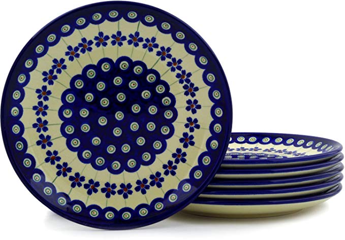 Polish Pottery Set of 6 Plates 7-inch Flowering Peacock