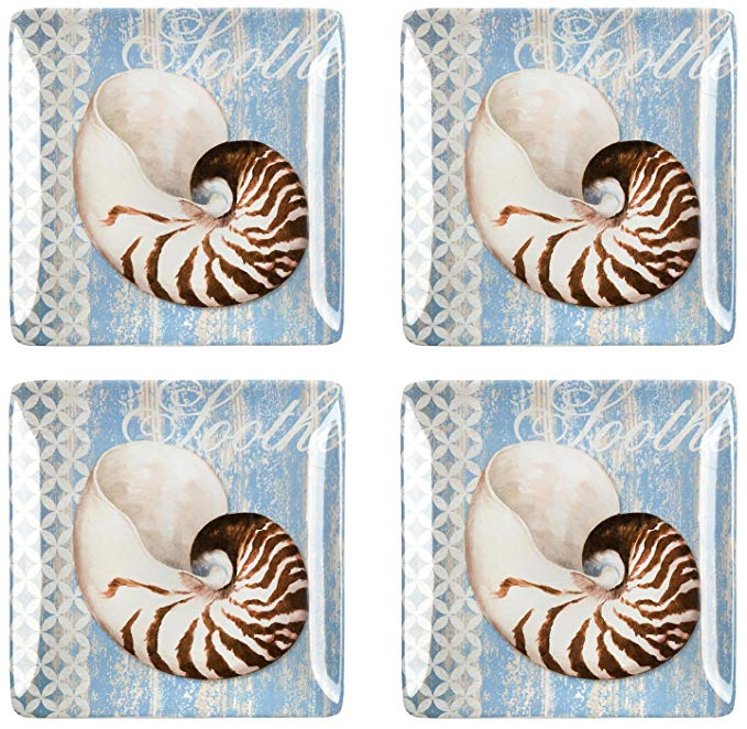 Certified International “Soothe” Blue Ocean Shell Square Ceramic Dinner Plates, 10.5-inch x 10.5-inch (Set of 4)