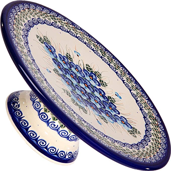 Polish Pottery Ceramika Boleslawiec, 1151/162, Cake Plate Medium, 3 1/6 High by 9 5/8 Inches in Diameter, Royal Blue Patterns with Blue Pansy Flower Motif