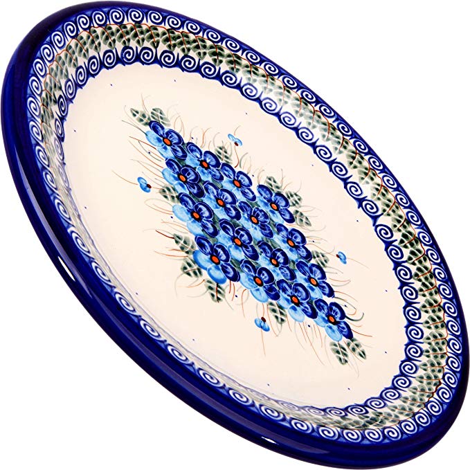 Polish Pottery Ceramika Boleslawiec, 1103/162, Dinner Plate 26, 10 1/4 Inches, Royal Blue Patterns with Blue Pansy Flower Motif