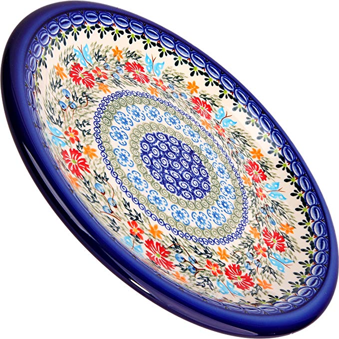Polish Pottery Ceramika Boleslawiec, 1103/238, Dinner Plate 26, 10 1/4 Inches, Royal Blue Patterns with Red Cornflower and Blue Butterflies Motif (1103-238)