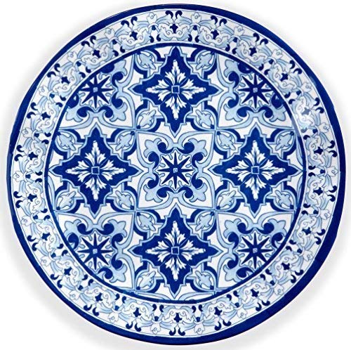 Q Squared Talavera in Azul BPA-Free Melamine Dinner Plate, 10-1/2 Inches, Set of 4, Blue and White