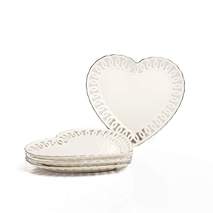 Deluxe Set Of 4 Ceramic Side Plates By Yedi Houseware – White/Silver Plates For Appetizers, Entrees, Salad & More – Heart Shape Design – 8