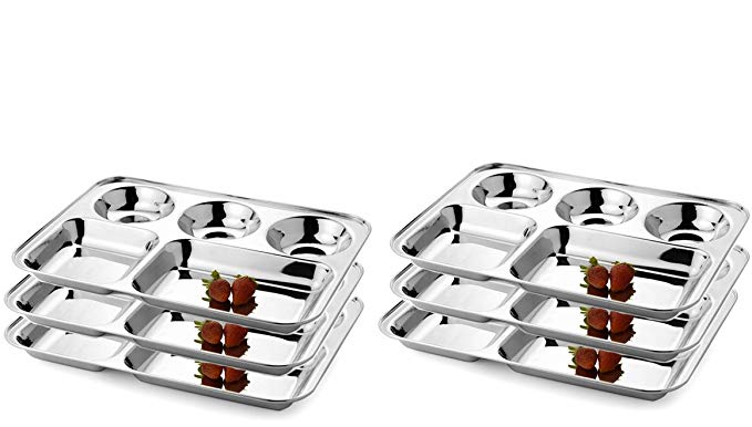 King International 100% Stainless Steel Five in one Dinner Plate Five sections divided plate Five section plate -Set of 6 Mess Trays Great for Camping, 37 cm