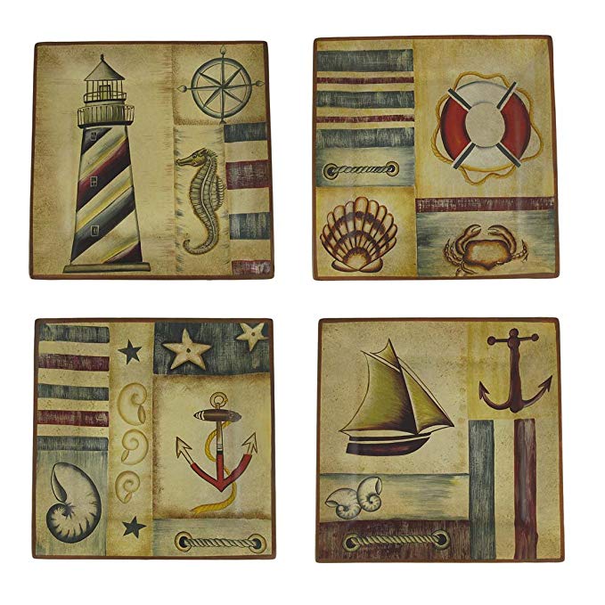 Things2Die4 Ceramic Decorative Plates Set Of 4 Nautical Motif Decorative Square Plates 10 X 1.5 X 10 Inches Beige