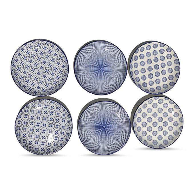 The Summertime Blue and White Dishes, Set of 6, 2 Trellis, 2 Rounds and 2 Stripes, Dishwasher Safe, Stoneware, 8 3/4 Inches Diameter, By Whole House Worlds