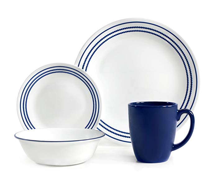 Corelle Livingware 16 Piece Set Jett Blue, Service for 4, includes 4each of 10.25 inch Dinner Plates, 6.75 inch Bread and Butter Plates, 18ounce Soup/Cereal Bowls, 11 ounce Stoneware Mug