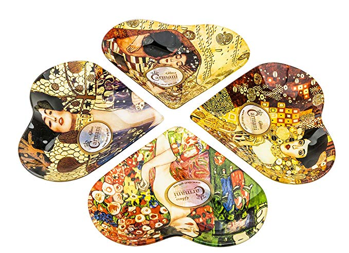 Carmani Four Decorative Glass Plates with Artworks by Gustav Klimt, Collectible Home Decor Dinner Plates, Heart Form Serving Dishes, 4-Piece Set