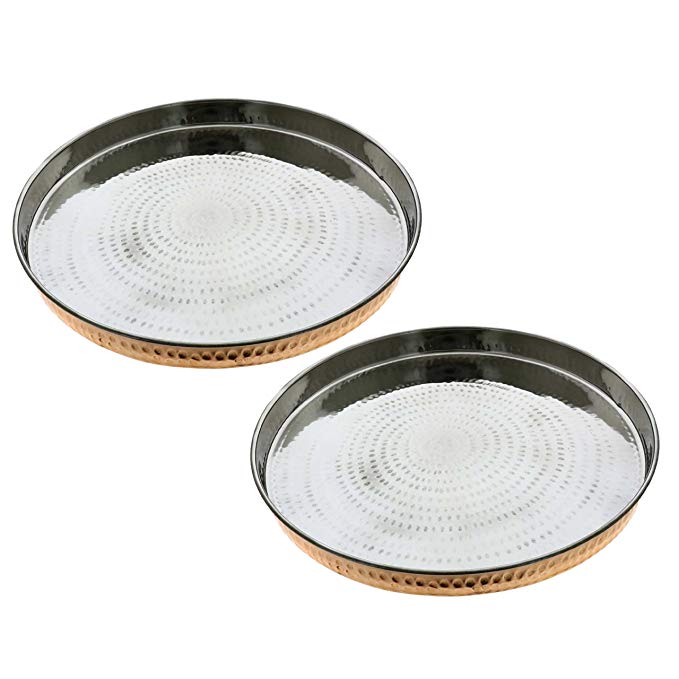 SKAVIJ 12-inch Round Charger Plates, Set of 2, Dinnerware Service Plate Dinner Chargers, Heavy Copper and Stainless Steel