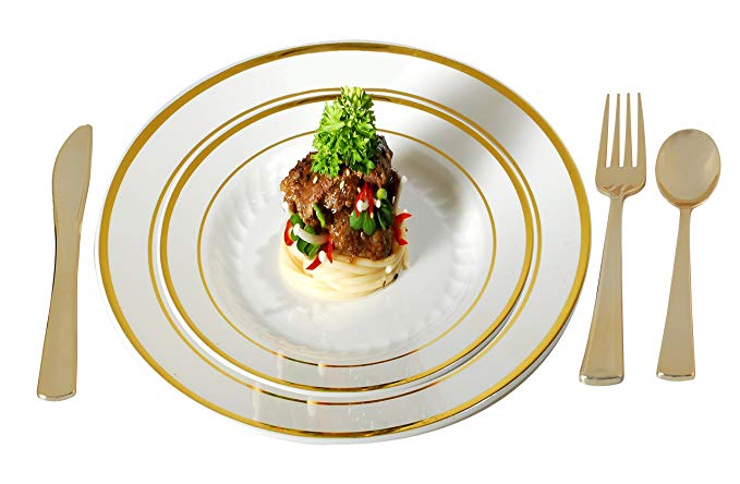 Plastic Plates Disposable-Silverware Combo | Elegant Gold Rimmed Dishes and Plastic Gold Cutlery Dinner Service | Service for 24 (129-piece Bulk Set) IVORY/GOLD