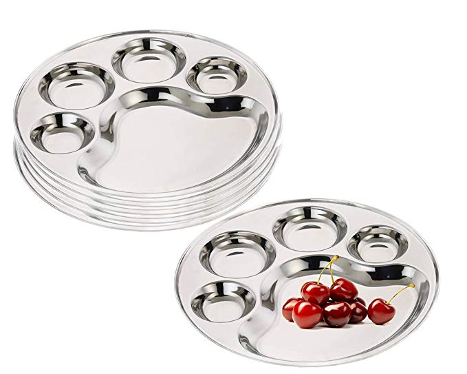 King International 100% Stainless Steel Round 5 in 1 Five Compartment Divided Dinner Plate | Stainless steel Plate | Mess Trays Great for Camping | Set of 6 Pieces