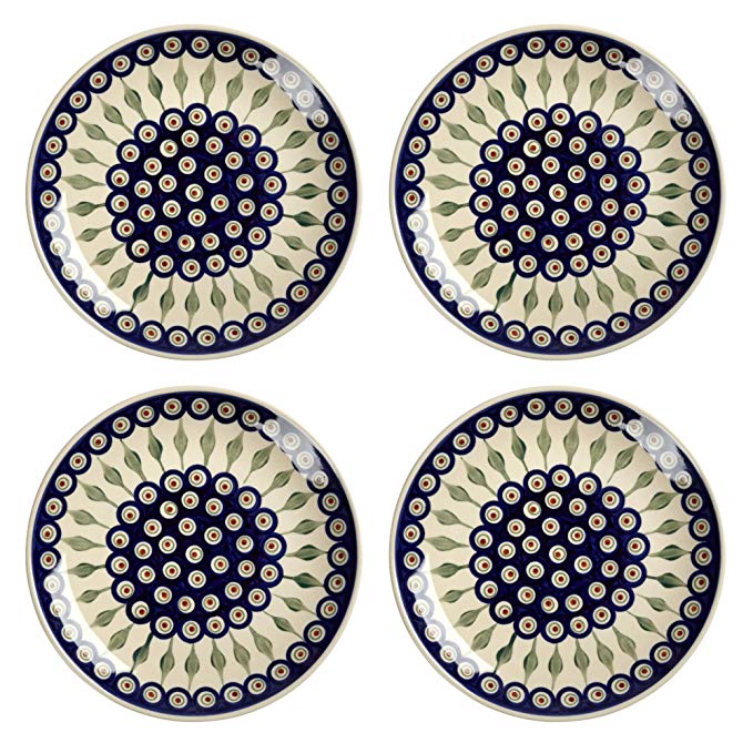 Polish Pottery Peacock Feathers Handmade Dinner Plates, 10.5-Inch, Set of 4