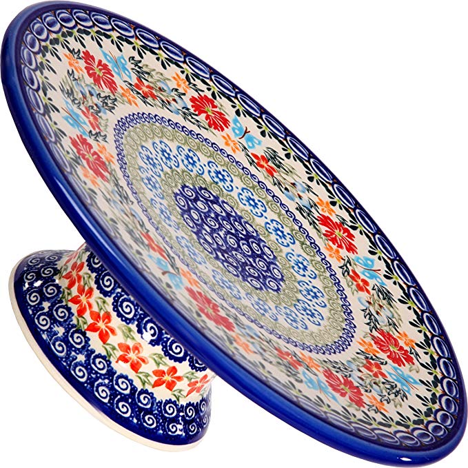 Polish Pottery Ceramika Boleslawiec, 1151/238, Cake Plate Medium, 3 1/6 High by 9 5/8 Inches in Diameter, Royal Blue Patterns with Red Cornflower and Blue Butterflies Motif