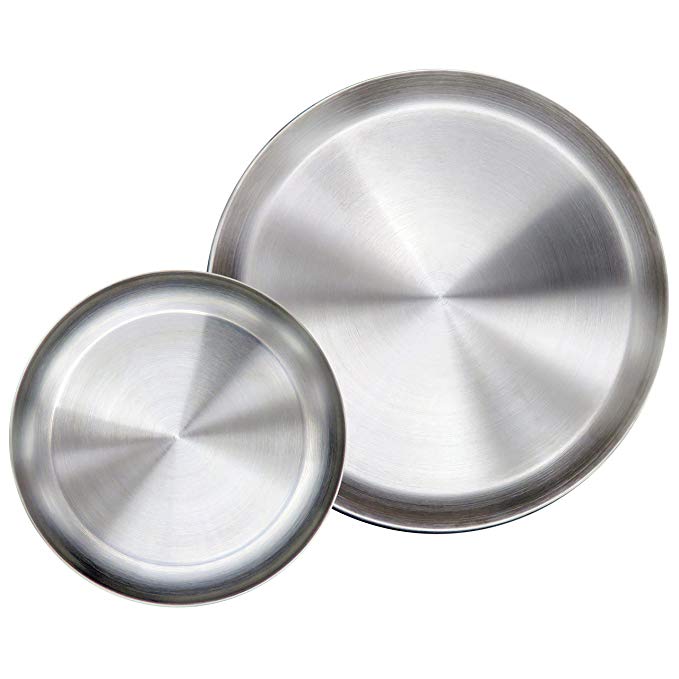 Immokaz Matte Polished 10.0 inch 304 Stainless Steel Round Plates Dish Set, for Dinner Plate, Camping Outdoor Plate, BPA Free, Pack of 2 (L (10.0